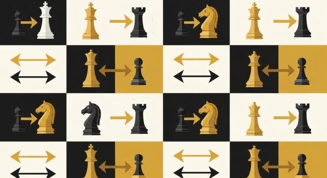 Modern Chess Pattern with Black Gold and White Pieces in Geometric Layout