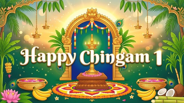 Happy chingam 1 greeting card with traditional oil lamp and floral patterns for kerala new year