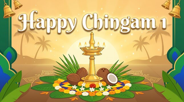 Happy chingam 1 greeting card with traditional oil lamp and flower decoration in kerala style