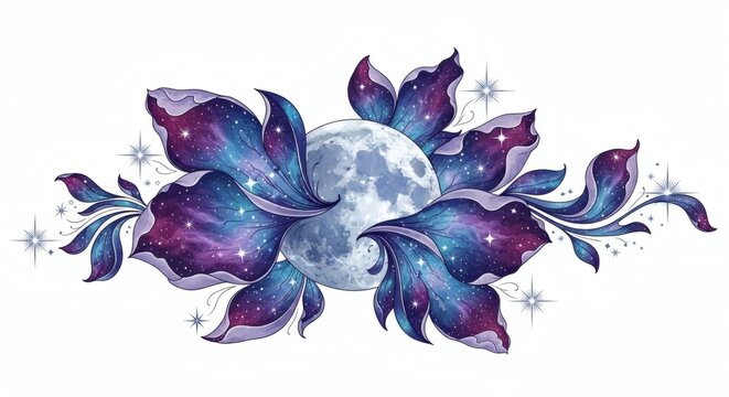 Watercolor Floral Moon Illustration with Galaxy and Cosmic Elements