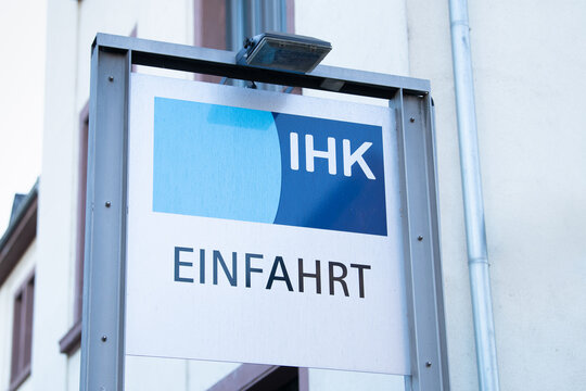 Chamber of Industry and Commerce, IHK sign in Trier, Germany, represents interest of regional business community, policymakers and administrative authorities, duties, company and start up