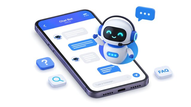 3D illustration of a friendly AI chatbot assistant pop up on a smartphone screen with chat bubbles
