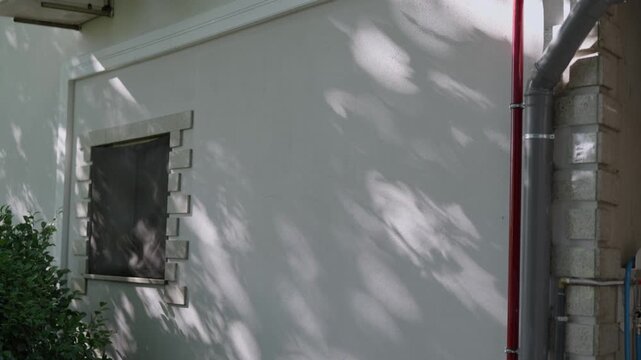 Natural sunlight creates moving leaf shadows on a white exterior wall with a window and rain gutter. Cinematic lighting for background or transition use.