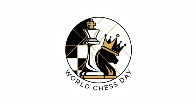 World Chess Day Circular Logo with King and Crown in Black and Gold Design