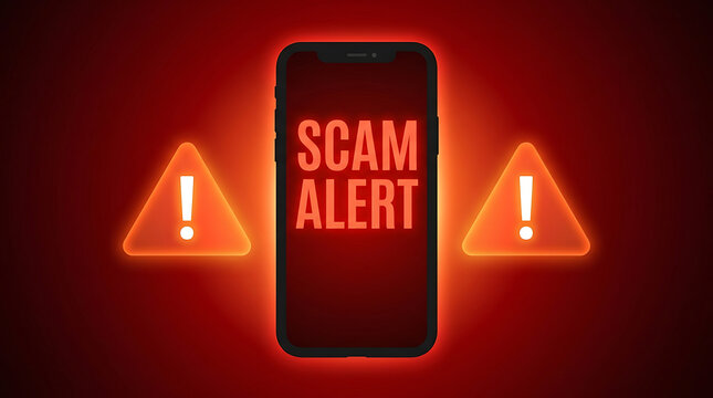 Smartphone red scam alert warning with glowing orange triangles mobile screen display