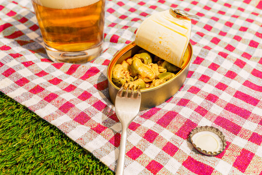 A beer and canned mussel rest on a checkered picnic blanket