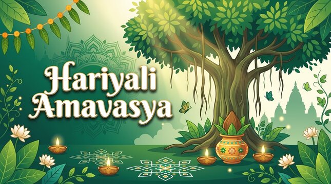 Hariyali amavasya festival greeting card with green nature and traditional lamps