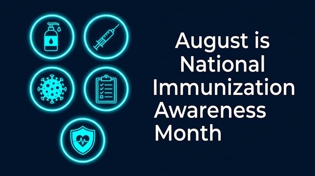 August is national immunization awareness month with icons for hand sanitizer vaccine virus shield and checklist on dark background.