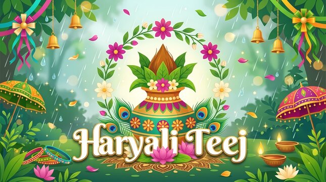Haryali teej festival celebration with decorated traditional kalash pot and flowers in green background