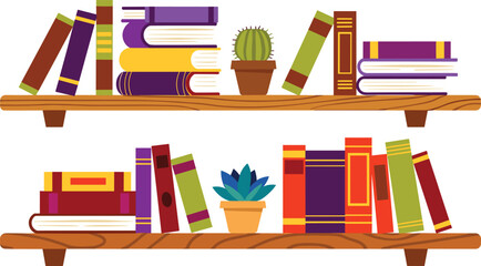 Wooden bookshelves with colorful books stacks succulent cactus plants in pots cozy library home interior vector illustration © MdAnarulIslam