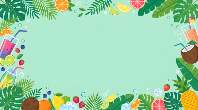 Tropical smoothie background with fresh fruit and palm leaves border design