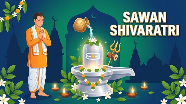 Devotee praying to lord shiva lingam during sawan shivaratri festival celebration