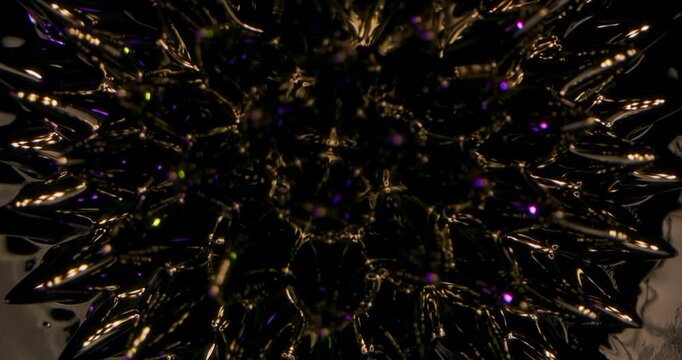 This stunning abstraction of ferrofluid dynamics set against a sleek black background utilizes mesmerizing visuals. It is perfect for enhancing motion graphics and elevating visual effects projects