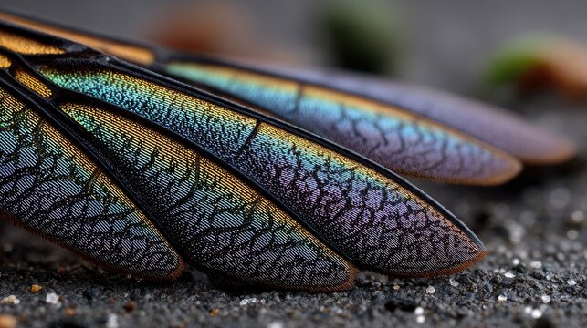 Extreme macro of a bumblebee wing shows details of structure and color under polarized light in a laboratory setting