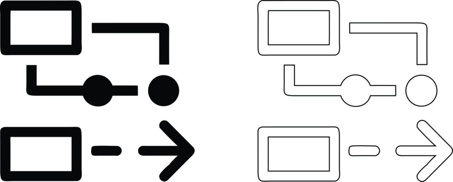 Flowchart process diagram set, featuring rectangular boxes, circular nodes, and directional arrows in black and white