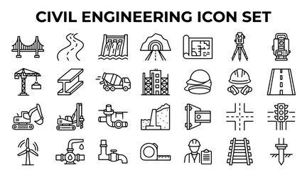 Fototapeta premium Civil Engineering Icon Set Featuring Bridges, Dams, Roads, and Construction Equipment