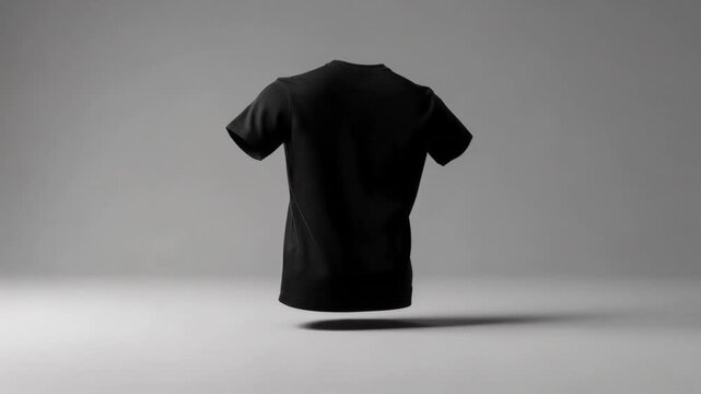 Black floating t shirt on gray background minimal fashion concept modern and stylish apparel