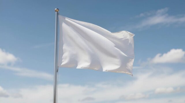 White flag waving in the sky on a bright sunny day with soft clouds
