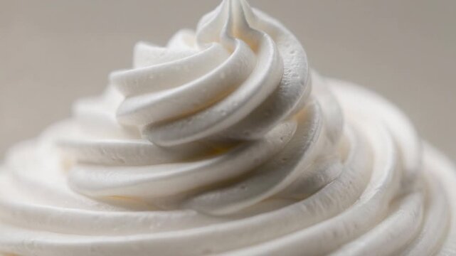 Close up of creamy white frosting being piped on a cake with smooth swirls and soft texture