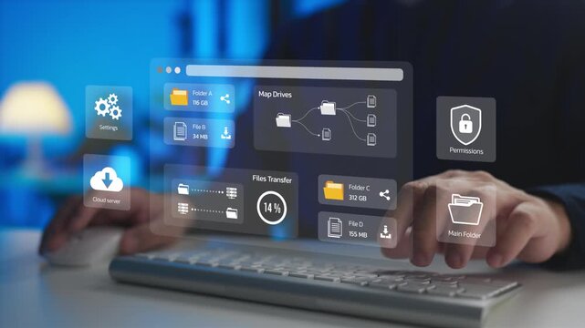 Database administrator organizing cloud storage drive folders and monitoring file transfer progress on a digital system interface. Concept of data management network and server backup directory.