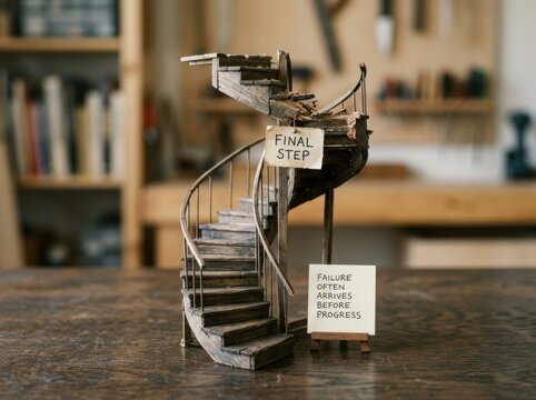 Intricately crafted broken spiral staircase model with motivational quotes on steps and final destination sign