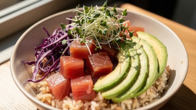 Fresh tuna poke bowl with avocado, purple cabbage, sprouts, and rice in a white bowl on wooden table
