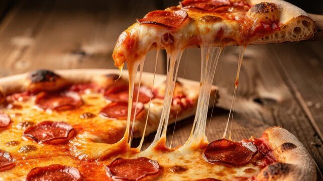 Delicious pepperoni pizza slice with melted cheese stretching on rustic wooden table