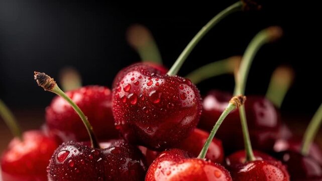 Fresh ripe red cherries with water droplets close up on dark background healthy summer fruit
