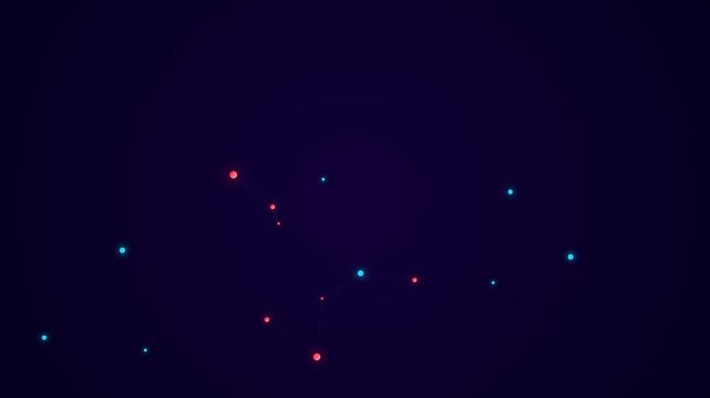 Abstract composition of glowing red and blue light orbs on dark background