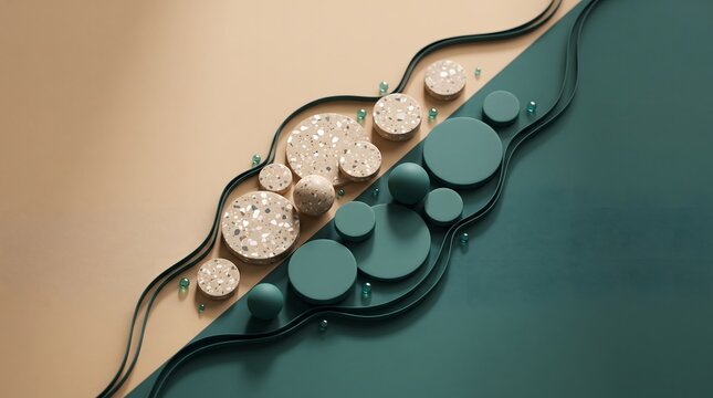Minimalist abstract 3D composition with geometric circles and curved lines