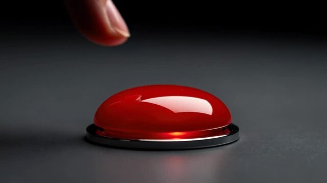 Close up of finger pressing a red buzzer button on dark surface for quiz or game show concept