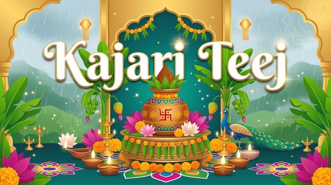 Kajari teej festival greeting with traditional pot and oil lamps in a decorative floral background
