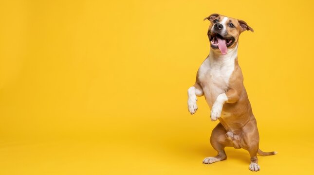 Adorable medium-sized dog with brown and white fur standing playfully on hind legs against a bright yellow studio background