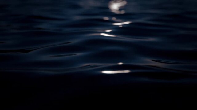 Dark calm water surface with gentle ripples reflecting soft light at night