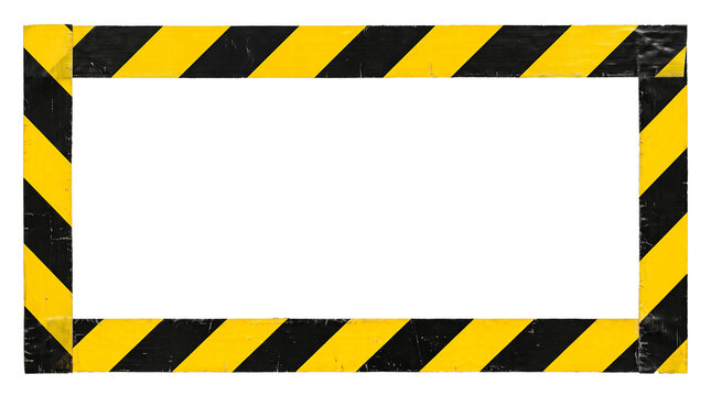 Yellow and black diagonal warning stripe tape border with realistic adhesive texture, industrial safety caution design, clean straight strip, isolated on transparent background, PNG