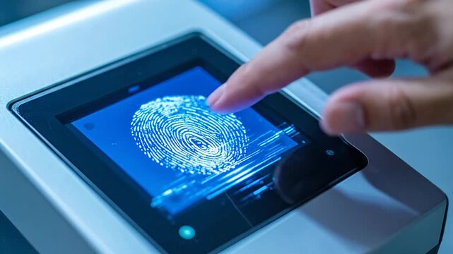 Human finger touching a biometric fingerprint scanner screen displaying a blue fingerprint, for secure identity access and verification in a digital environment.
