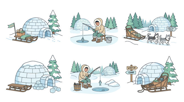 Arctic winter scenes with igloos and sled dogs