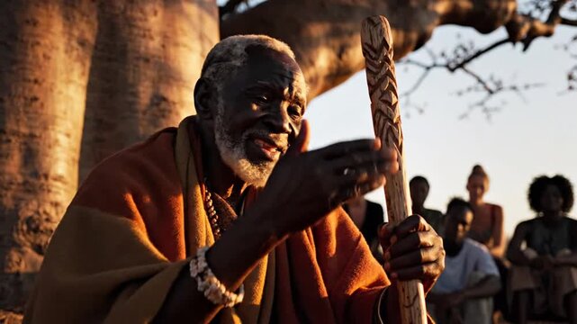 Elderly African man with traditional clothing and walking stick outdoors.