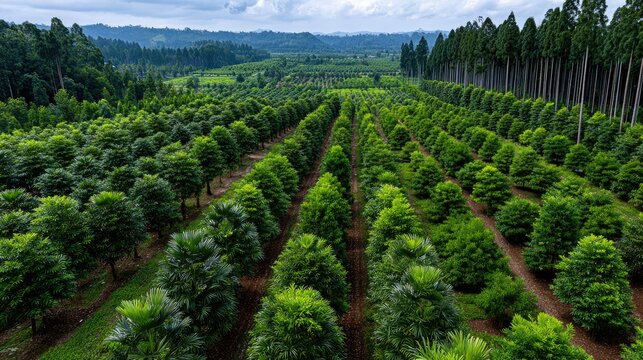 Drone view shows thousands of newly planted trees in a large forest restoration project with clear geometric patterns taken from above
