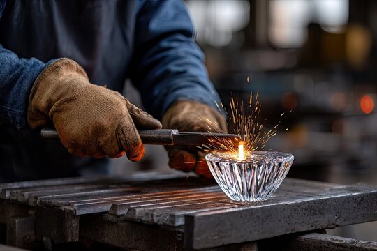 Master glassblower lifts crystal sculpture from furnace in workshop during late afternoon, showcasing years of hard work and skill, captured with precision and detail