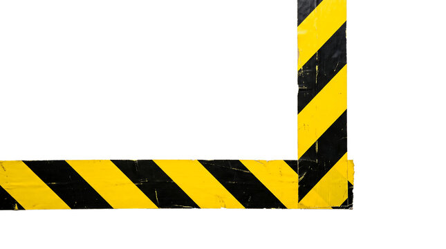 Yellow black warning stripe tape arranged as an L-shaped corner border, industrial caution design element, isolated background