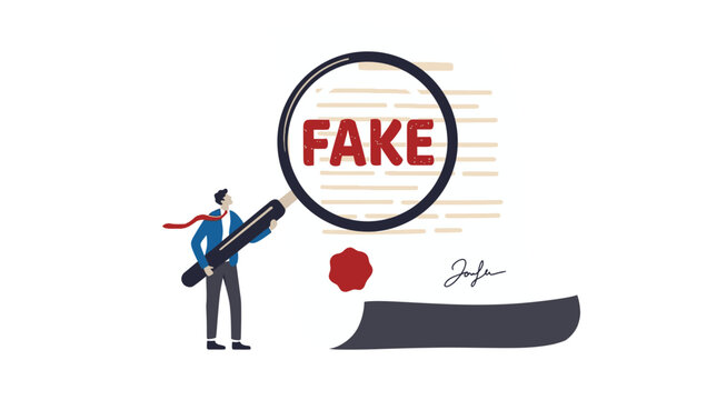 Professional businessman uses a large magnifying glass to inspect a document labeled as fake news vector