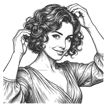 smiling woman adjusting short curly hair, with expressive eyes, soft makeup, and vintage charm sketch engraving generative ai fictional character vector illustration. Scratch board. Black and white.