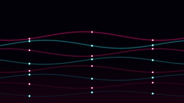 Abstract red and blue glowing wave lines on a solid black background