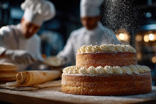 Pastry chefs create large wedding cake in luxury bakery with flour dust in warm light during busy day