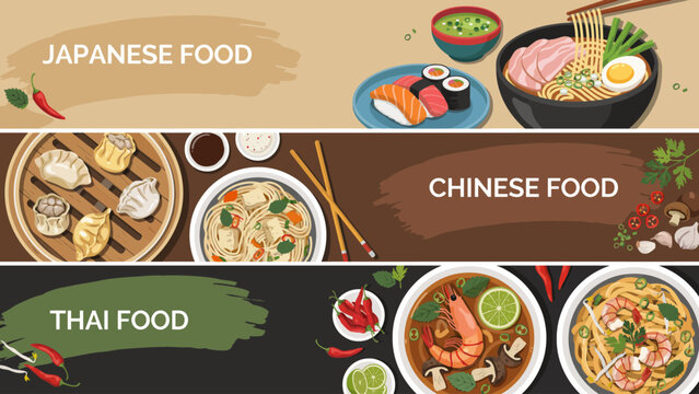 Japanese Chinese and Thai cuisine food types infographic  sushi ramen dumplings noodles