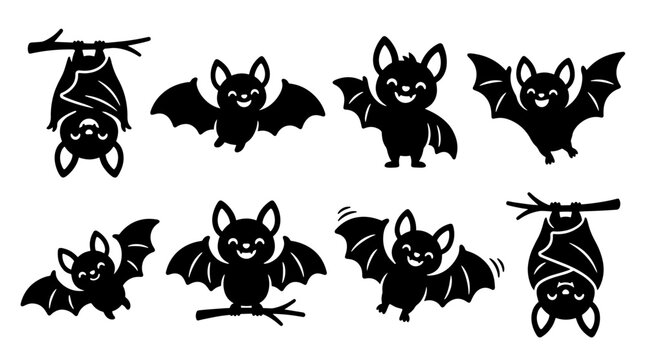 Cute Halloween Bat Silhouette Collection Featuring Flying and Hanging Characters in Minimalist Style