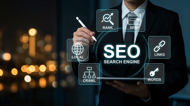 Businessman pointing at SEO search engine optimization strategy virtual interface