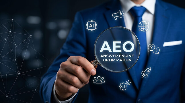 Businessman holding magnifying glass focusing on AEO Answer Engine Optimization