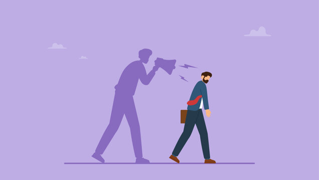 Depressed businessman self shadow blame with megaphone. Self criticism, negative critic thinking to blame yourself, guilt or depression to rant or inner anxiety, anger or stress psychology concept.